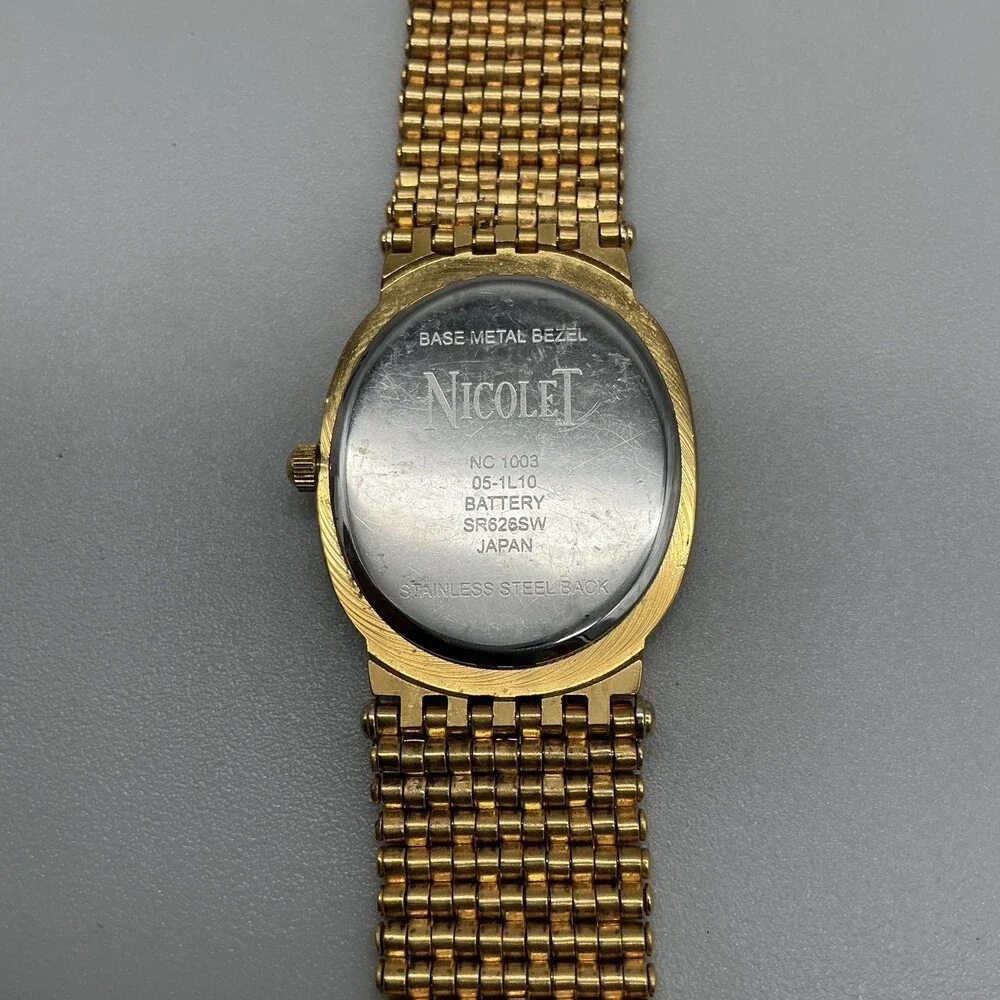 Nicolet Womens Watch 27mm Gold Tone Bracelet Date NC 1003 New Battery 8.5